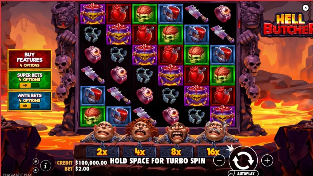 Cenário sombrio e macabro do slot Hell Butcher com símbolos de terror