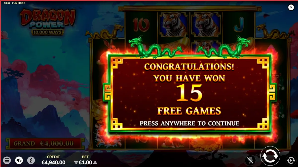 Interface do jogo Dragon Power 10,000 Ways com dragões e orbes dourados